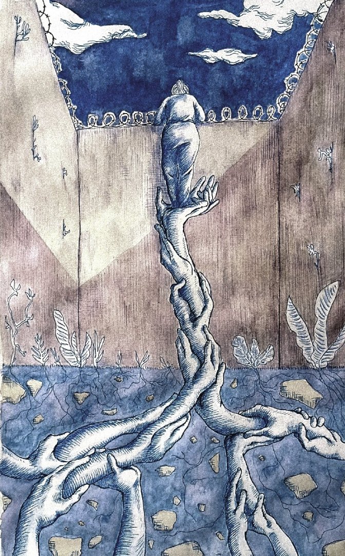 Une silhouette de femme, de dos, regarde par-dessus les murs d'une prison. Elle dépasse à peine des barbelés mais elle peut voir le ciel bleu et les nuages. Si elle arrive à voir au dessus du mur, c'est grâce à un immense arbre comme composé de mains qui se tiennent et qui représente la solidarité. 